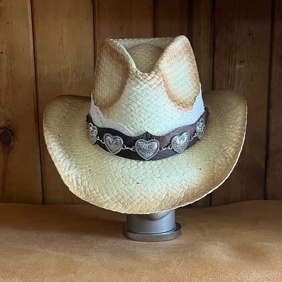 Fiesta Accessories - Fiesta Natural Burnout Western Straw Cowboy Hat with Brown Heart Band